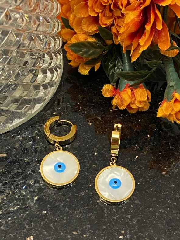 Aksesuar Çarşısı Çelik Sedefli Göz Küpe Gold - Resim 3