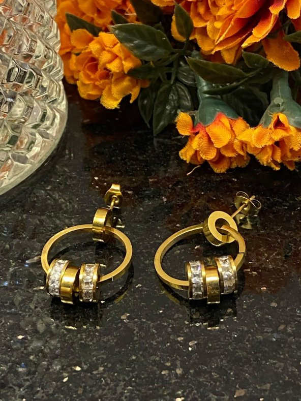 Aksesuar Çarşısı Çelik Gold Sallantılı Halka Küpe - 2