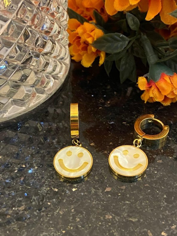 Aksesuar Çarşısı Çelik Sedefli Gülen Yüz Sallantılı Küpe - Resim 2