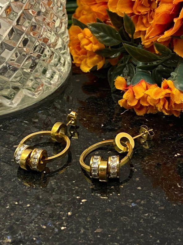 Aksesuar Çarşısı Çelik Gold Sallantılı Halka Küpe - 6