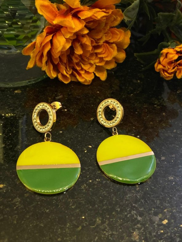 Aksesuar Çarşısı Çelik Sarı Yeşil Yuvarlan Küpe - Resim 2