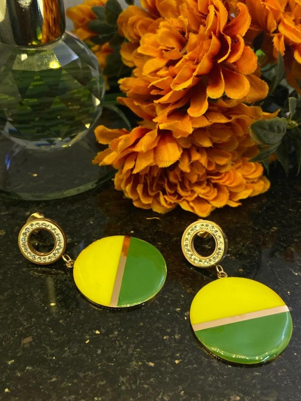 Aksesuar Çarşısı Çelik Sarı Yeşil Yuvarlan Küpe - Resim 4