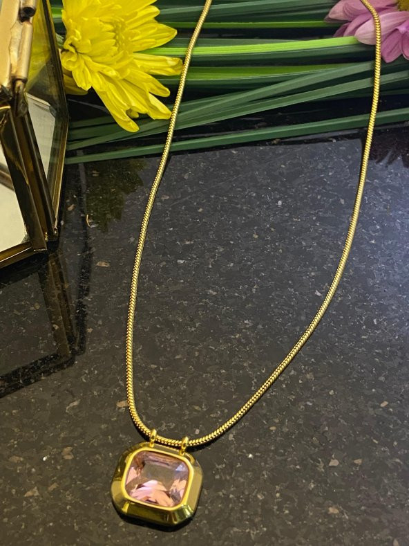 Aksesuar Çarşısı Pembe Kristal Taş Detaylı İnce İtalyan Zincir Kolye - 3