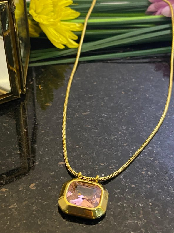 Aksesuar Çarşısı Pembe Kristal Taş Detaylı İnce İtalyan Zincir Kolye - 4