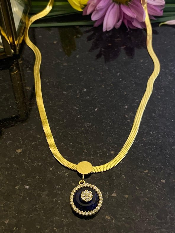 Aksesuar Çarşısı İtalyan Zincir Cam Göz Yuvarlak Detaylı Kolye Gold ürün görseli