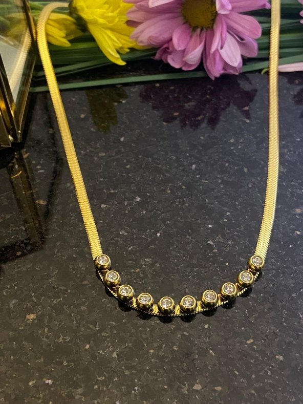 Aksesuar Çarşısı Çelik İtalyan Zincir Sıralı Zirkon Taş Tasarımlı Kolye - Resim 2