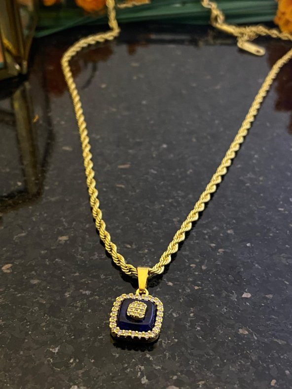 Aksesuar Çarşısı İtalyan Zincir Cam Göz Kare Detaylı Kolye Gold