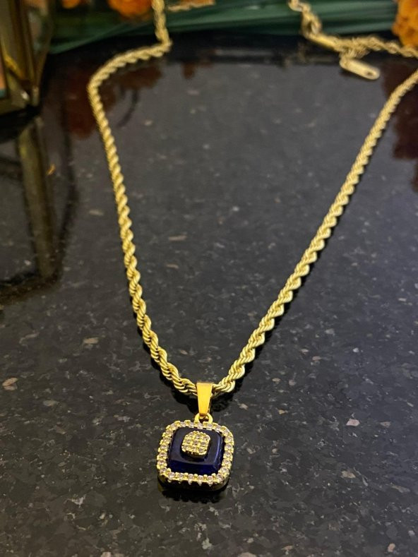 Aksesuar Çarşısı İtalyan Zincir Cam Göz Kare Detaylı Kolye Gold - 3