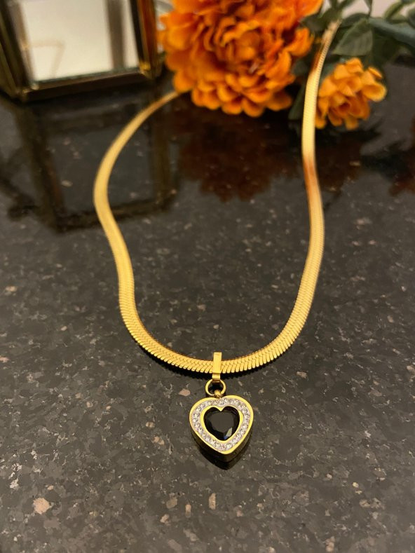 Aksesuar Çarşısı Çelik Siyah Kalp  Ve Zirkon Taşlı Kolye - Resim 6