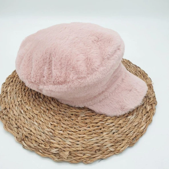 Pudra Renk Peluş Kumaş Arkası Lastikli Bayan Kep - 12