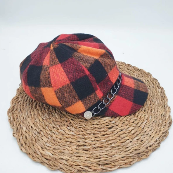 Turuncu Renk Kare Desenli Siperli Bayan Şapka - 4