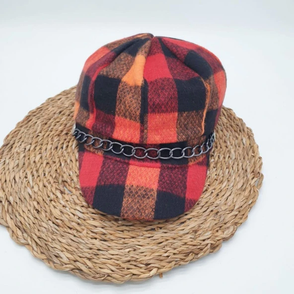 Turuncu Renk Kare Desenli Siperli Bayan Şapka - 6