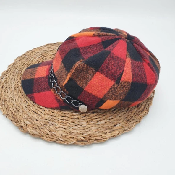 Turuncu Renk Kare Desenli Siperli Bayan Şapka - 11