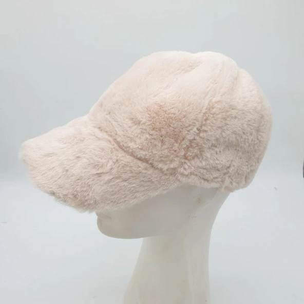 Krem Renk Peluş Kumaş Beyzbol Kep