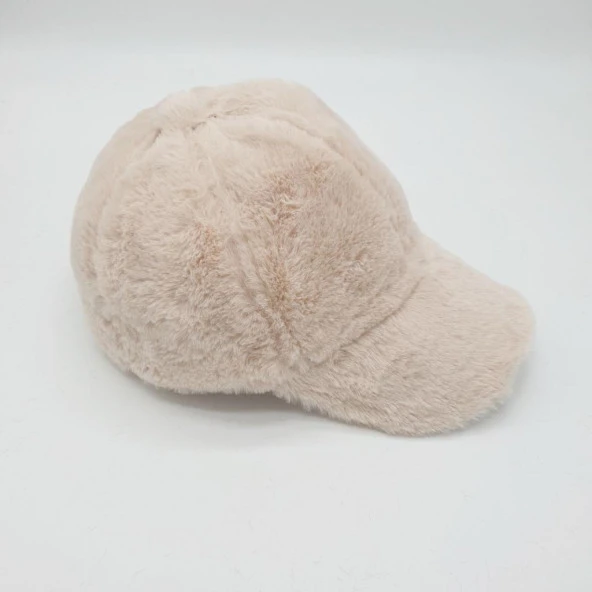 Krem Renk Peluş Kumaş Beyzbol Kep - 3