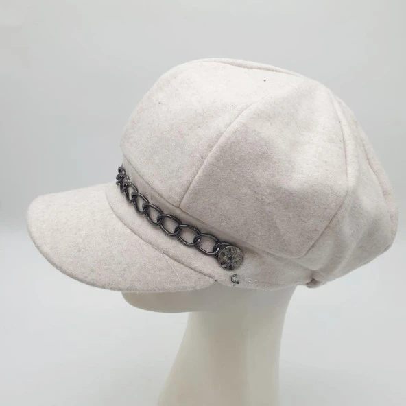 Beyaz Renk Kaşe Kumaş Siperli Bayan Şapka - 8