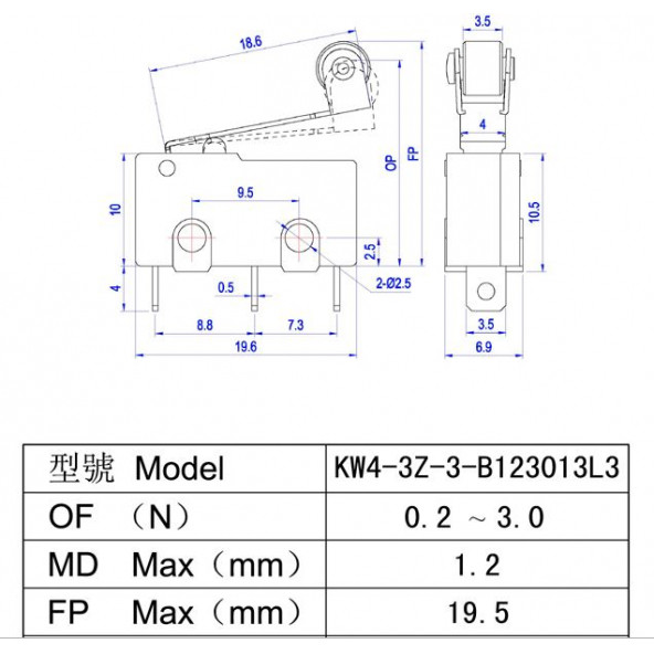 Micro Switch Lehim Bacak Makaralı Donghai 5A/250VAC KW4-Z5F - 2