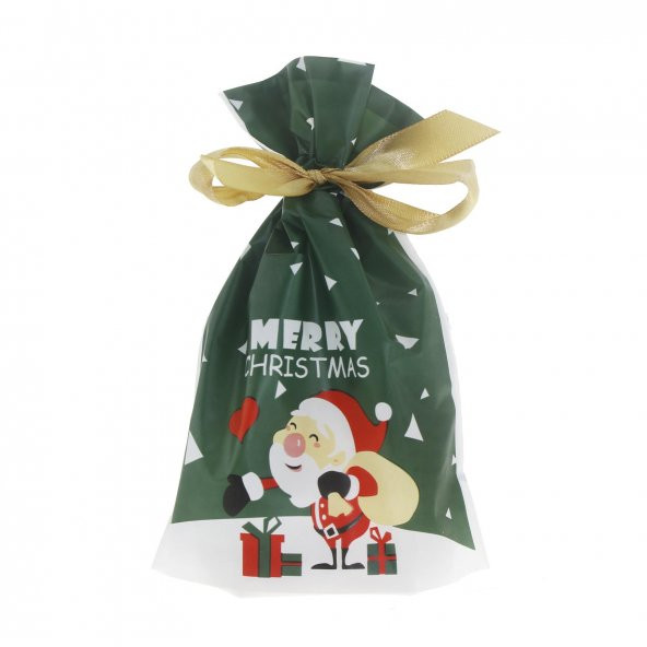 10 Adet 12X17cm Plastik Torba Kurdelalı Yılbaşı Noel Baba