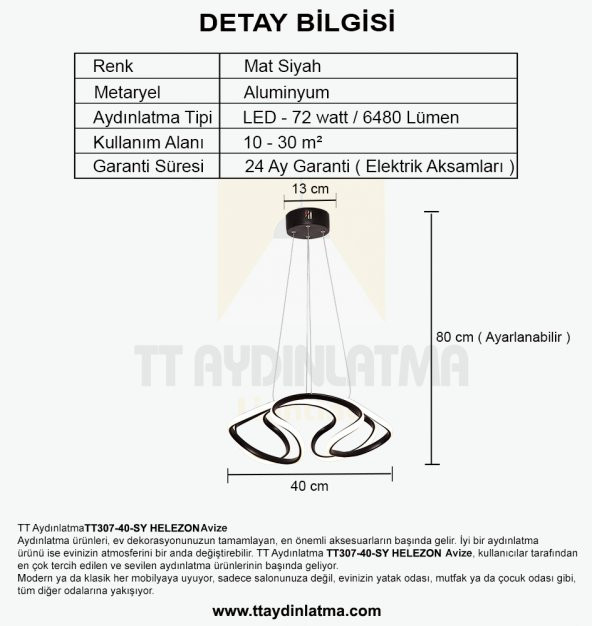 TT Aydınlatma TT307-40-SY  Helezon Modeli Mat Siyah Led Avize - 4