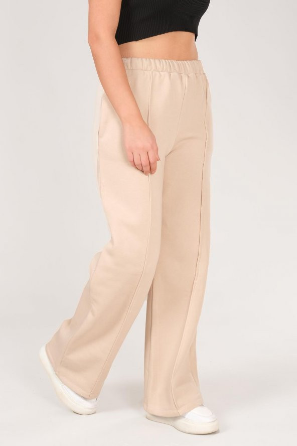 Kadın Çima Dikiş Bol Paça Eşofman Altı Bej - 2