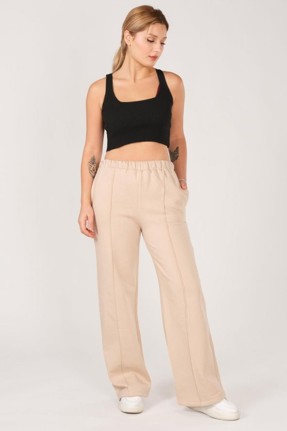 Kadın Çima Dikiş Bol Paça Eşofman Altı Bej - 4