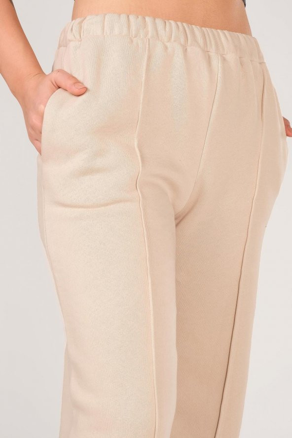 Kadın Çima Dikiş Bol Paça Eşofman Altı Bej - 5