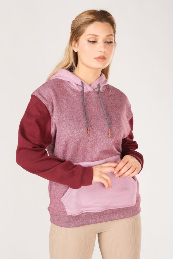 Kadın Üç Renkli Kanguru Cep Kapüşonlu Sweatshirt Bordo