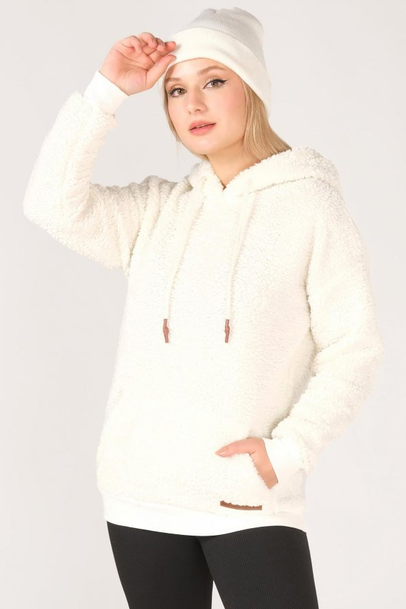 Kadın Kapüşonlu Kanguru Cep Polar Sweatshirt Ekru