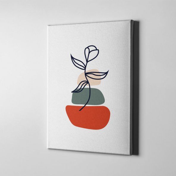 Nordik Tarzda Turuncu Haki Krem Renkler Eşliğinde Boho Tarzı Minimalist Üç Yapraklı Tomurcuk Çiçek Çizim Kanvas Tablo - 1