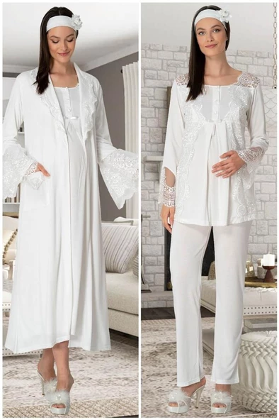 Mecit 5355 Bayan Hamile Lohusa Ekru Sabahlık Gecelik Pijama Takım