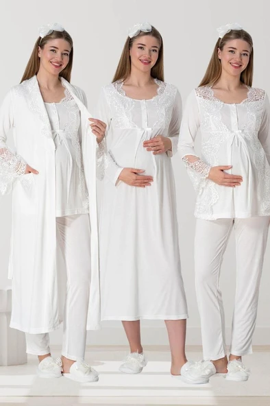 Mecit 5355 Bayan Hamile Lohusa Ekru Sabahlık Gecelik Pijama Takım - Resim 11