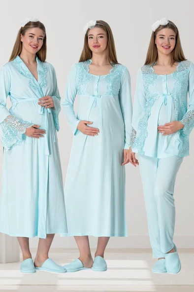 Mecit 5355 Bayan Hamile Lohusa Turkuaz Sabahlık Gecelik Pijama - Resim 11