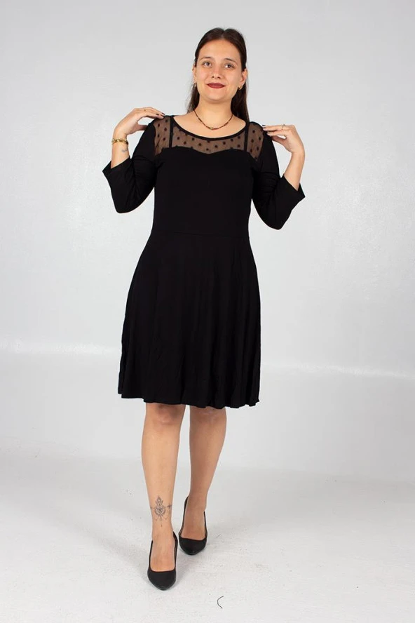Truva Xxl Büyük Beden Kadın Giyim Tül detaylı Elbise Siyah ELB435