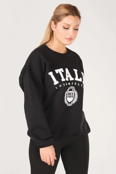 Kadın Sıfır Yaka İtaly Baskı Oversize Sweatshirt Siyah