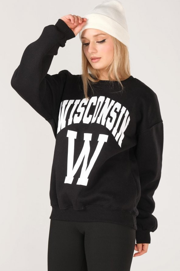 Kadın Sıfır Yaka Winsconsin Baskı Overzie Baskı Sweatshirt Siyah
