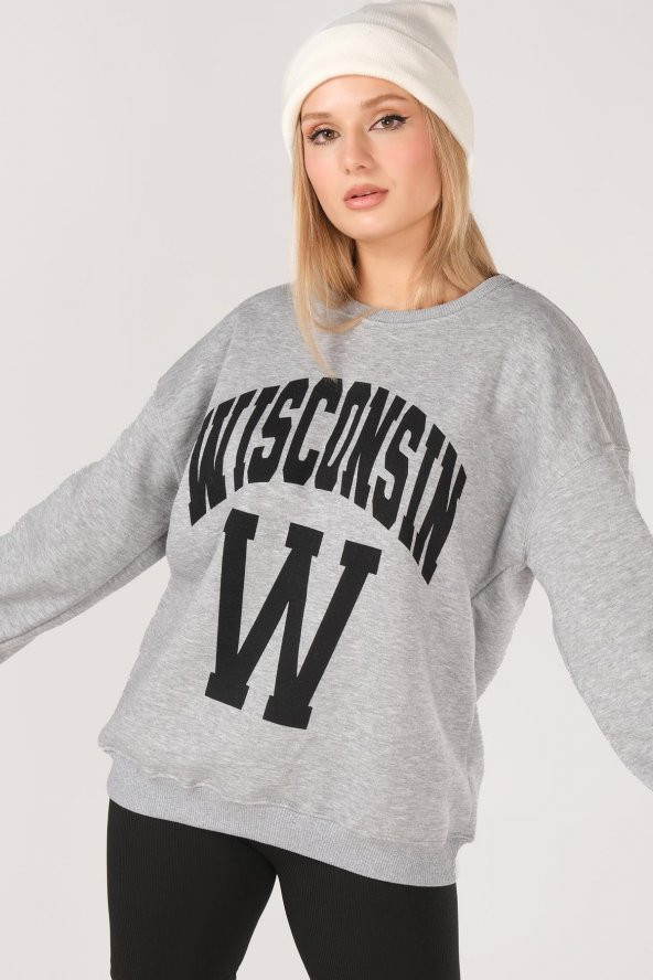 Kadın Sıfır Yaka Winsconsin Baskı Overzie Baskı Sweatshirt Gri