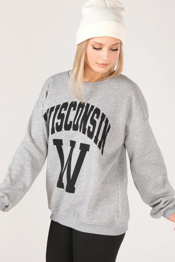 Kadın Sıfır Yaka Winsconsin Baskı Overzie Baskı Sweatshirt Gri - 4