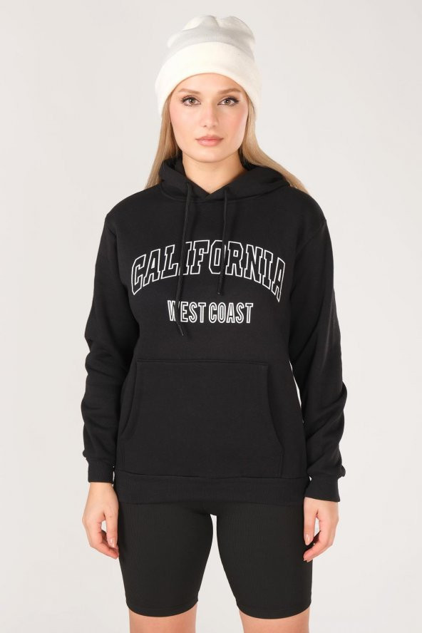 Kadın California Baskılı Kanguru Cep Kapuşonlu Sweatshirt Siyah