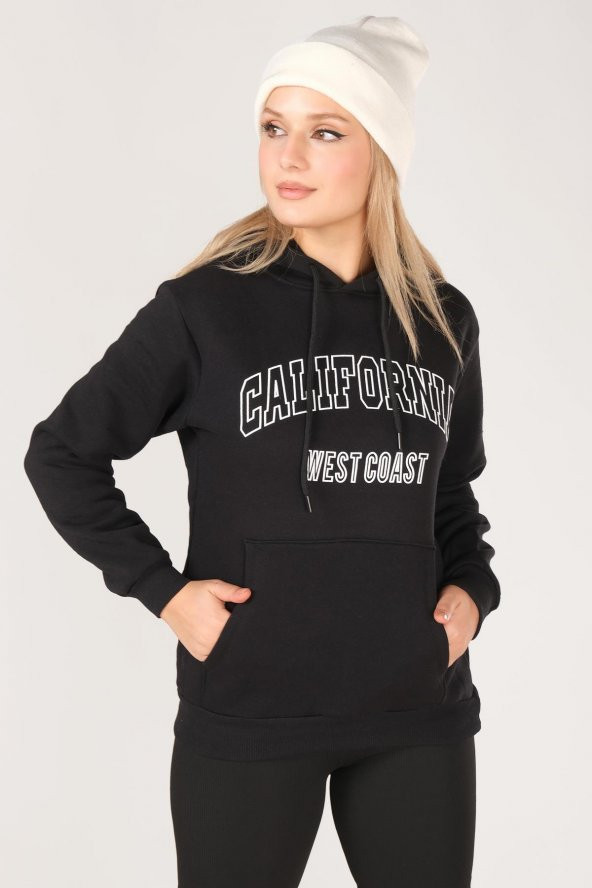 Kadın California Baskılı Kanguru Cep Kapuşonlu Sweatshirt Siyah - 3