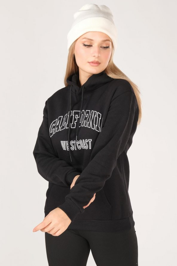 Kadın California Baskılı Kanguru Cep Kapuşonlu Sweatshirt Siyah - 4