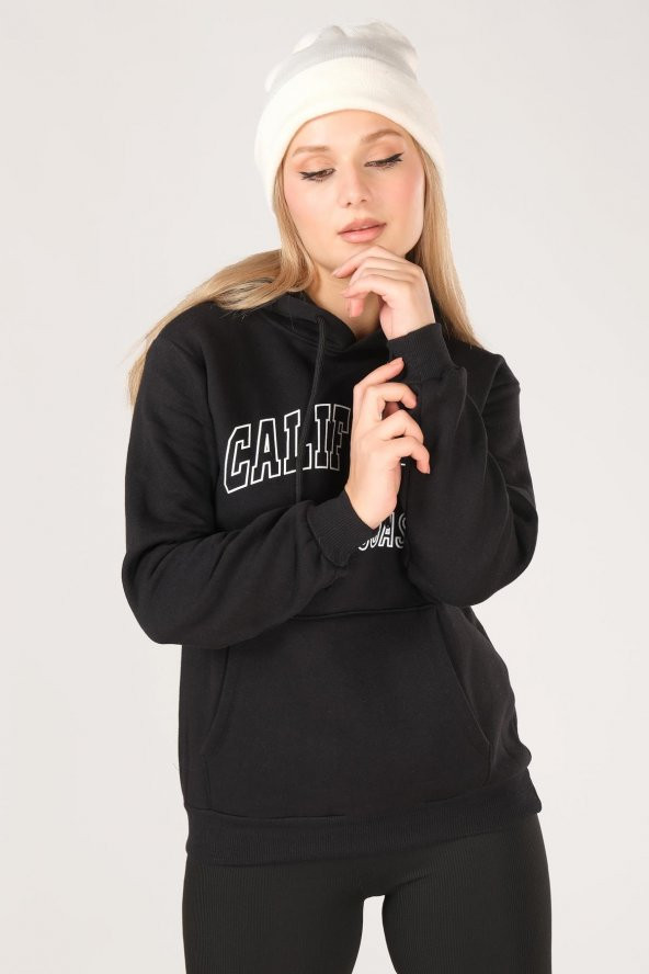 Kadın California Baskılı Kanguru Cep Kapuşonlu Sweatshirt Siyah - 5