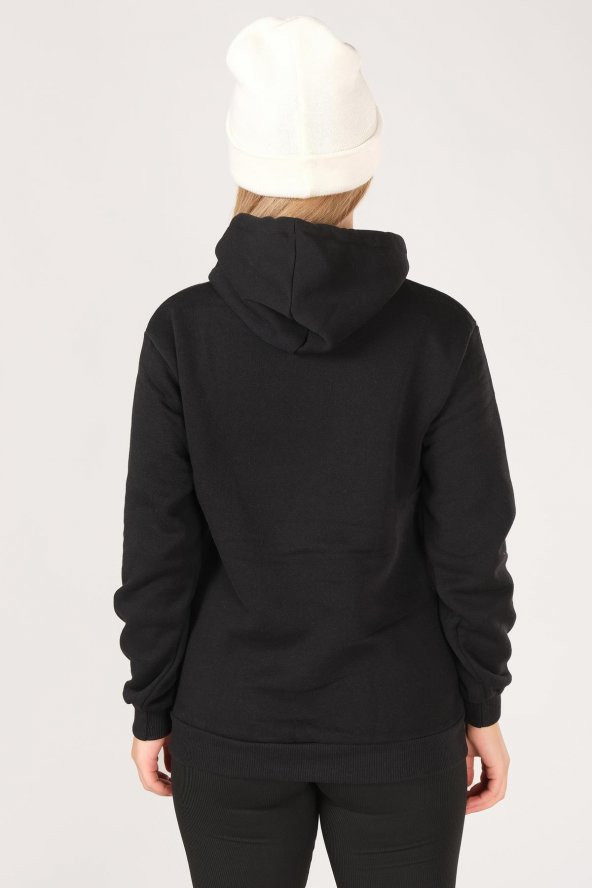 Kadın California Baskılı Kanguru Cep Kapuşonlu Sweatshirt Siyah - 6