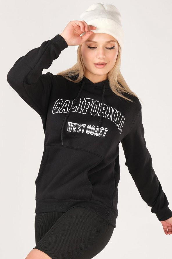 Kadın California Baskılı Kanguru Cep Kapuşonlu Sweatshirt Siyah - 2
