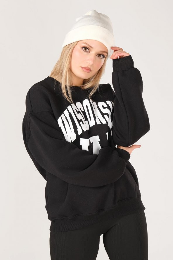 Kadın Sıfır Yaka Winsconsin Baskı Overzie Baskı Sweatshirt Siyah - 3