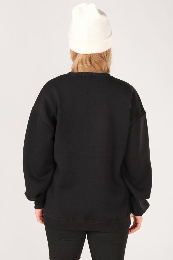 Kadın Sıfır Yaka Winsconsin Baskı Overzie Baskı Sweatshirt Siyah - 6