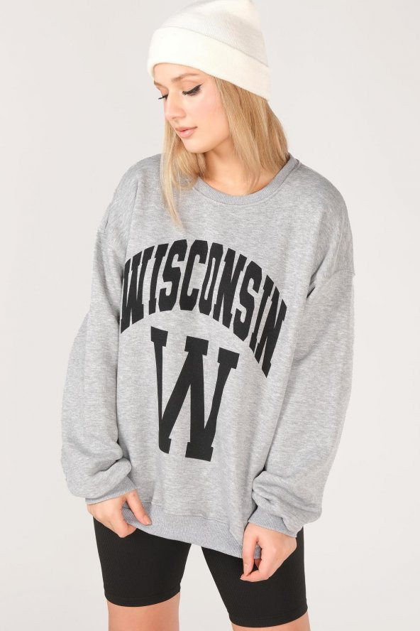 Kadın Sıfır Yaka Winsconsin Baskı Overzie Baskı Sweatshirt Gri - 5