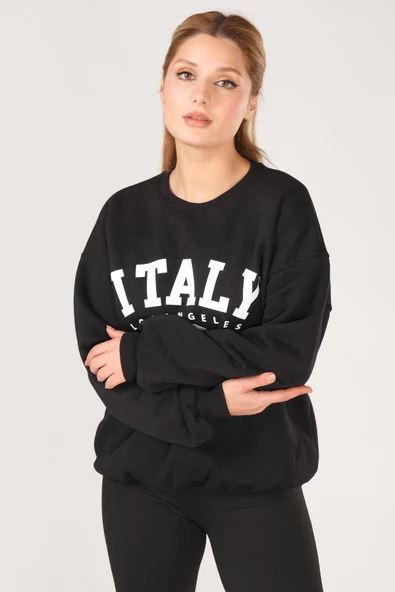 Kadın Sıfır Yaka İtaly Baskı Oversize Sweatshirt Siyah - 2