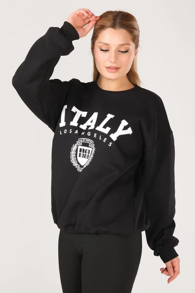 Kadın Sıfır Yaka İtaly Baskı Oversize Sweatshirt Siyah - 3