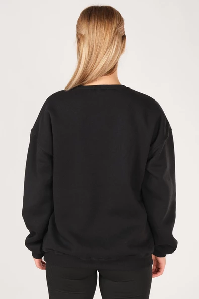 Kadın Sıfır Yaka İtaly Baskı Oversize Sweatshirt Siyah - 6