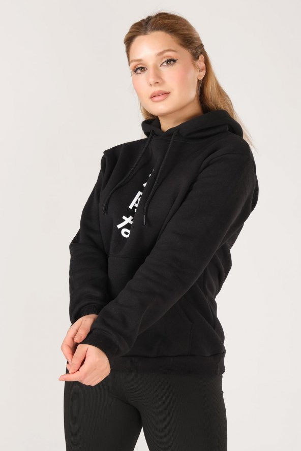 Kadın Kanguru Cep Kapüşonlu Sırt Baskılı Sweatshirt Siyah - 2